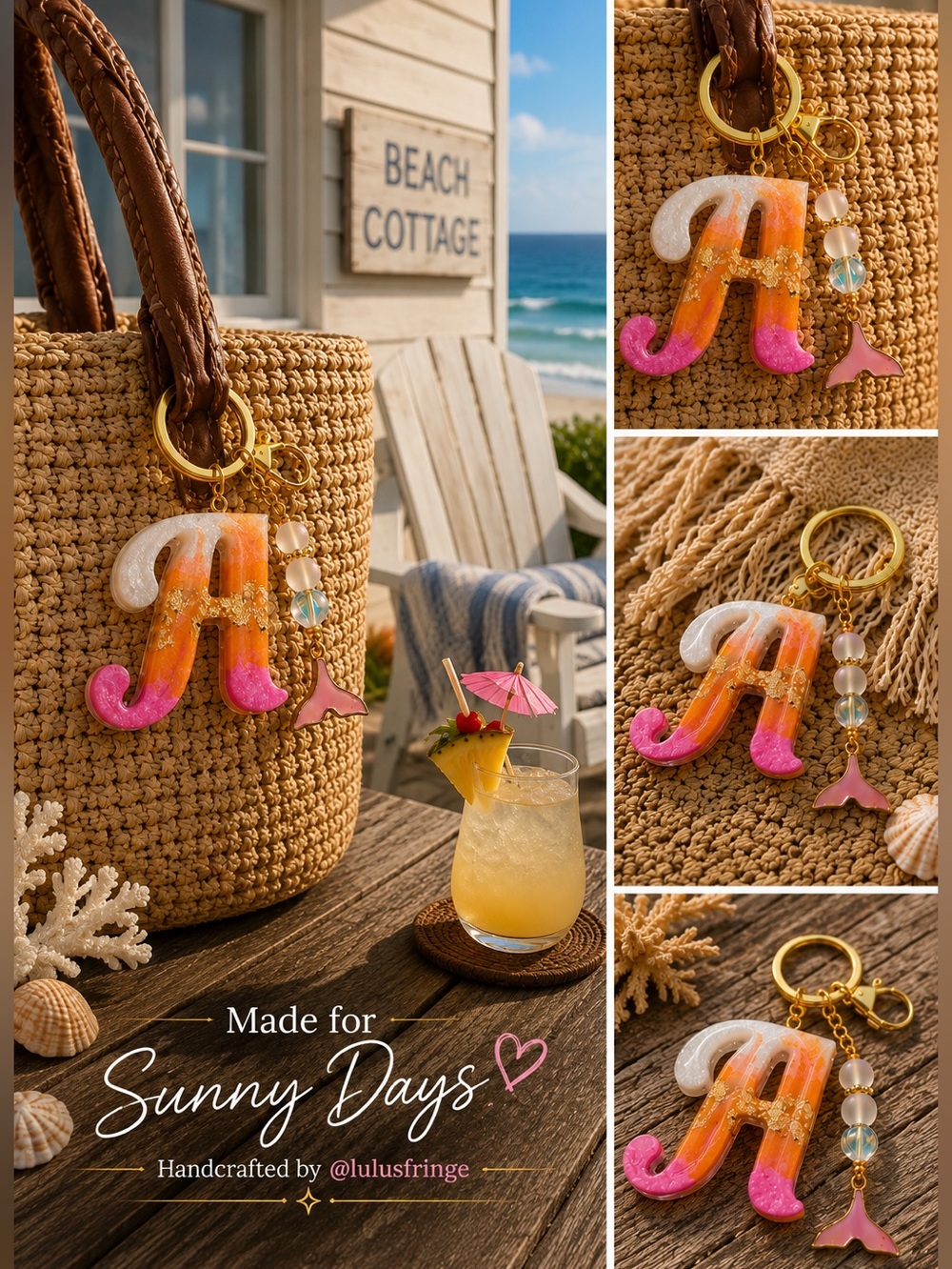 Custom Orange, Pink and Cream Letter “A” Keychain with Gold Accents
